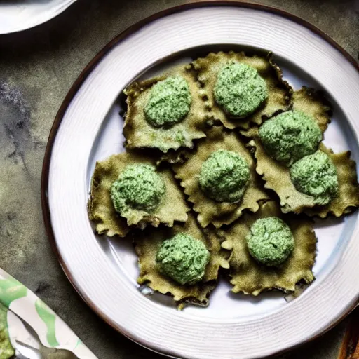 Prompt: photo of mint chocolate chip ravioli on a food magazine