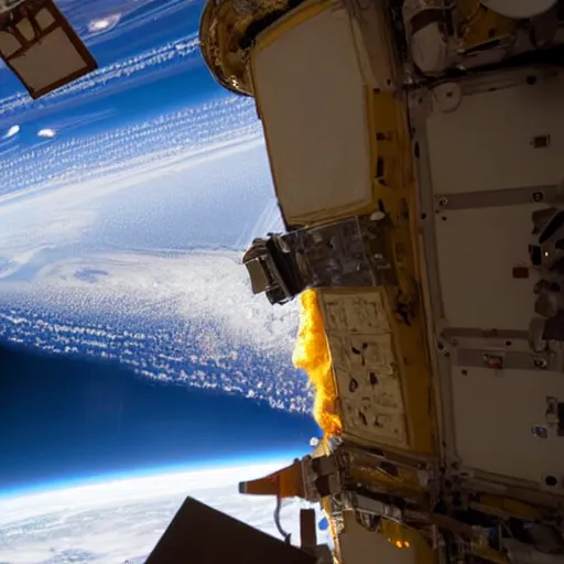 Image similar to photograph from the international space station window as planet earth splits in half following a large asteroid impact, fire explosions