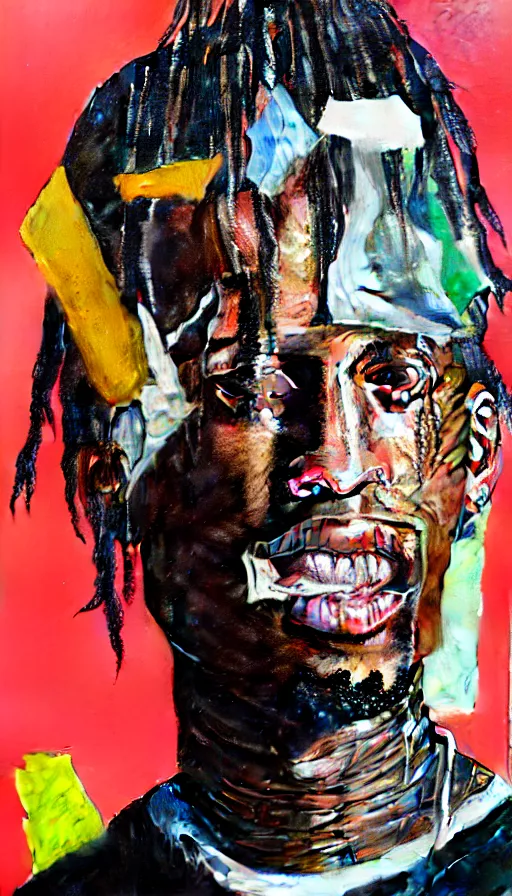 Image similar to rendered in blender travis scott with a trash bag on his head, collage paper and tape, acrylic on canvas, hyperrealism mixed with expressionism, high resolution, cinematic, unreal 6, breathtaking detailed, by blake neubert