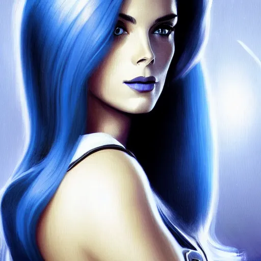 Prompt: Ashley Greene's face combined with Grace Kelly's face with blue hair as a Terran Marine from StarCraft, western, D&D, fantasy, intricate, elegant, highly detailed, digital painting, artstation, concept art, matte, sharp focus, illustration, art by Artgerm and Greg Rutkowski and Alphonse Mucha