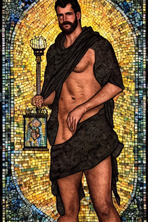 Prompt: tarot card of a shirtless handsome beefy cowboy holding a lantern | dark tela robe, dad bod, homoerotic, art deco, art nouveau, mosaic | by louis comfort tiffany | trending on artstation