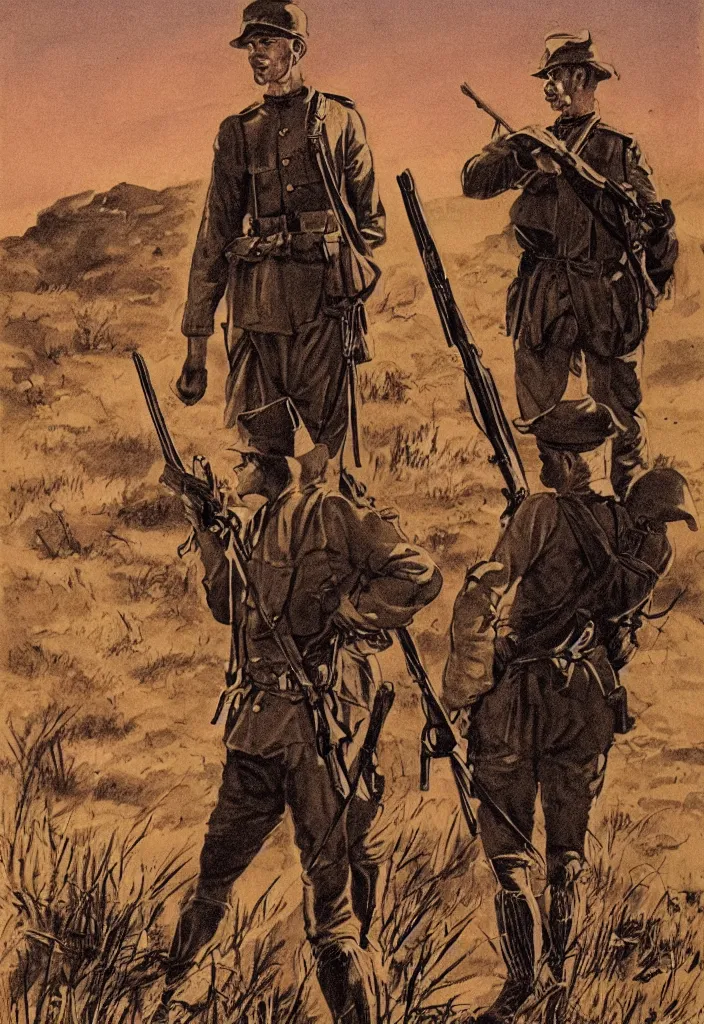 Image similar to comic book of a boer soldier in the south-african veld holding a rifle during the anglo-boer war. 50s comic book illustration. evening light, dramatic, warm, dynamic composition
