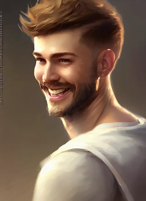 Image similar to a _ fantasy _ style _ portrait _ painting _ of white male short fringe light brown hair short head smiling clean shaven round face rpg dnd oil _ painting _ unreal _ 5 _ daz. _ rpg _ portrait _ extremely _ detailed _ artgerm _ greg _ rutkowski _ greg