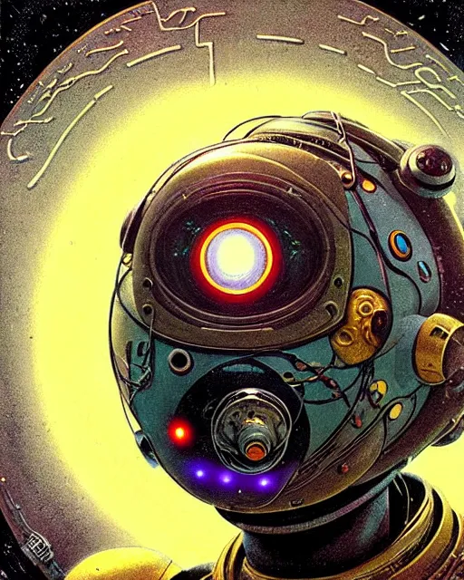 Prompt: zenyatta from overwatch, nine robot eyes, character portrait, portrait, close up, concept art, intricate details, highly detailed, vintage sci - fi poster, retro future, in the style of chris foss, rodger dean, moebius, michael whelan, and gustave dore