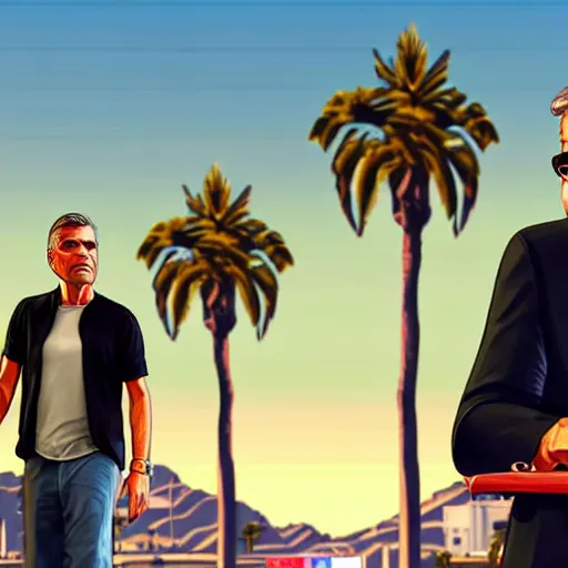 Image similar to george clooney in gta v. los santos in background, palm trees in the art style of stephen bliss