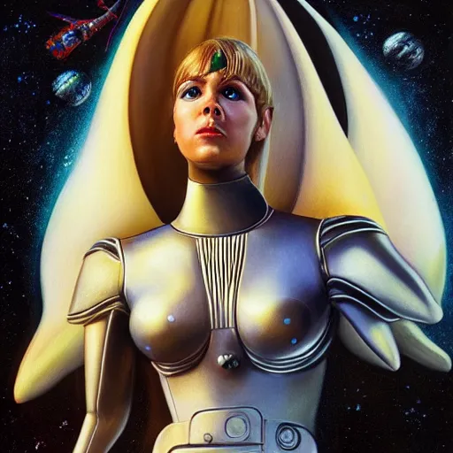 Image similar to portrait of barbarella queen of the galaxy, silver space suit, intricate, bloom, detailed, volumetric lighting, sharp focus, photorealism, digital painting, highly detailed, concept art, by roger dean and simon stalenhag and mark brooks