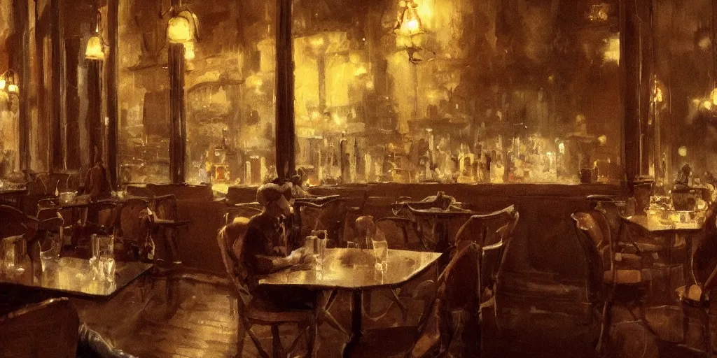 Prompt: brown cat with yellow eyes is sitting at table in a cafe at paris in early 2 0 th century. atmospheric feeling, warm colours, brown colours, yellow colours, epic scene, cinematic, very detailed, hd, trending on artstation