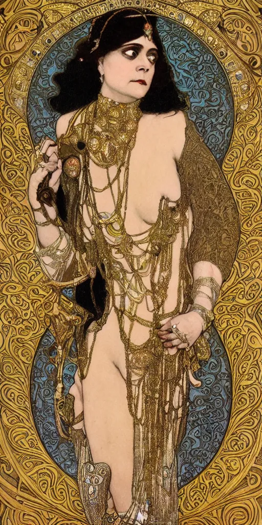 Image similar to realistic detailed dramatic Art Nouveau portrait of Theda Bara as Cleopatra wearing an elaborate jeweled gown by Alphonse Mucha and Gustav Klimt, gilded details, intricate spirals, coiled realistic serpents, Neo-Gothic, gothic, ornate medieval religious icon, long dark flowing hair