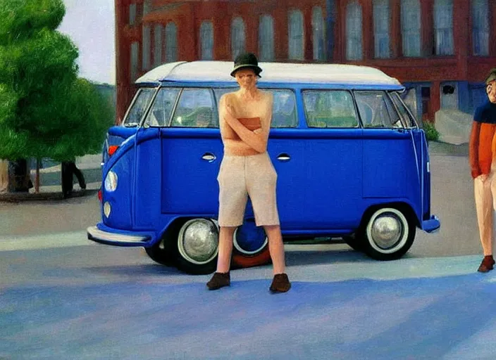 Image similar to painting, two young men and women near blue vw bus, by edward hopper, bernardo bertolucci dreamers movie scene