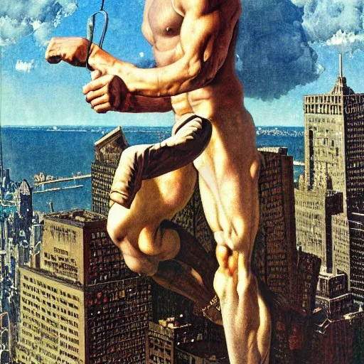 Prompt: marvelous detailed portrait of a ripped physique winged Nephilim Hank Hill Man with a halo standing above new york city. norman rockwell heorhiy narbut jessie wilcox smith beatrix potter joseph leyendecker acrylic painting