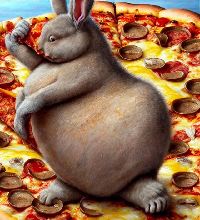 Image similar to hyper realistic derpy looking big chungus eating greasy pizza, pizza is everywhere, weird, strange, bizarre, surreal, epic composition, 2 0 0 mm focal length, painted by donato giancola, insanely quality, highly detailed, masterpiece, artstation, 4 k