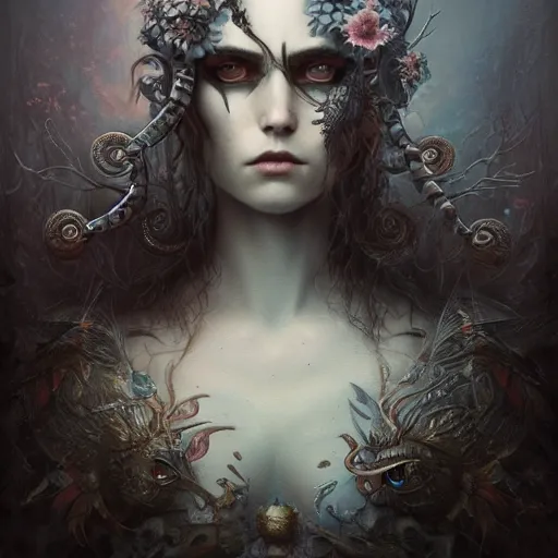 Image similar to curiosities soft paint portrait of a single beautiful warrior in full gothic armor, stunning photorealist eyes, symmetry accurate features, eyeballs, vegetation tentacles, dense volumetric fog, focus, very intricate ultrafine details, gloomy colors, award winning masterpiece, tom bagshaw artstyle