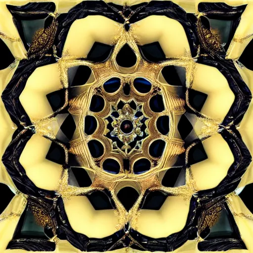 Image similar to ornate twisting three dimensional multilayered pattern vortex inside a hexagonal shape, intricate detail, complex, jade, gold, silver, obsidian