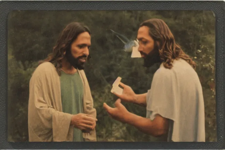 Image similar to old polaroid of jesus arguing with jonh about the fish