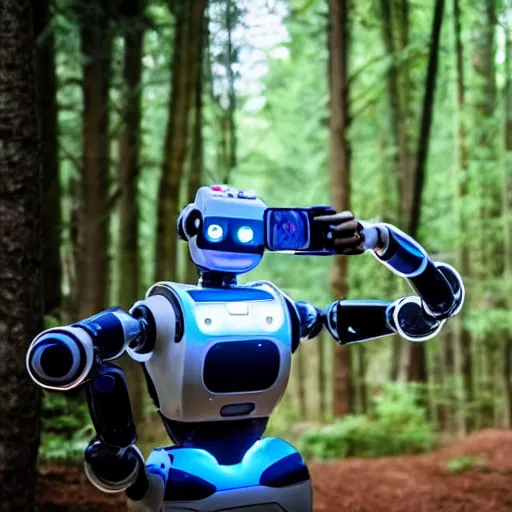 Image similar to A robot taking a selfie in the forest and grinning from ear to ear