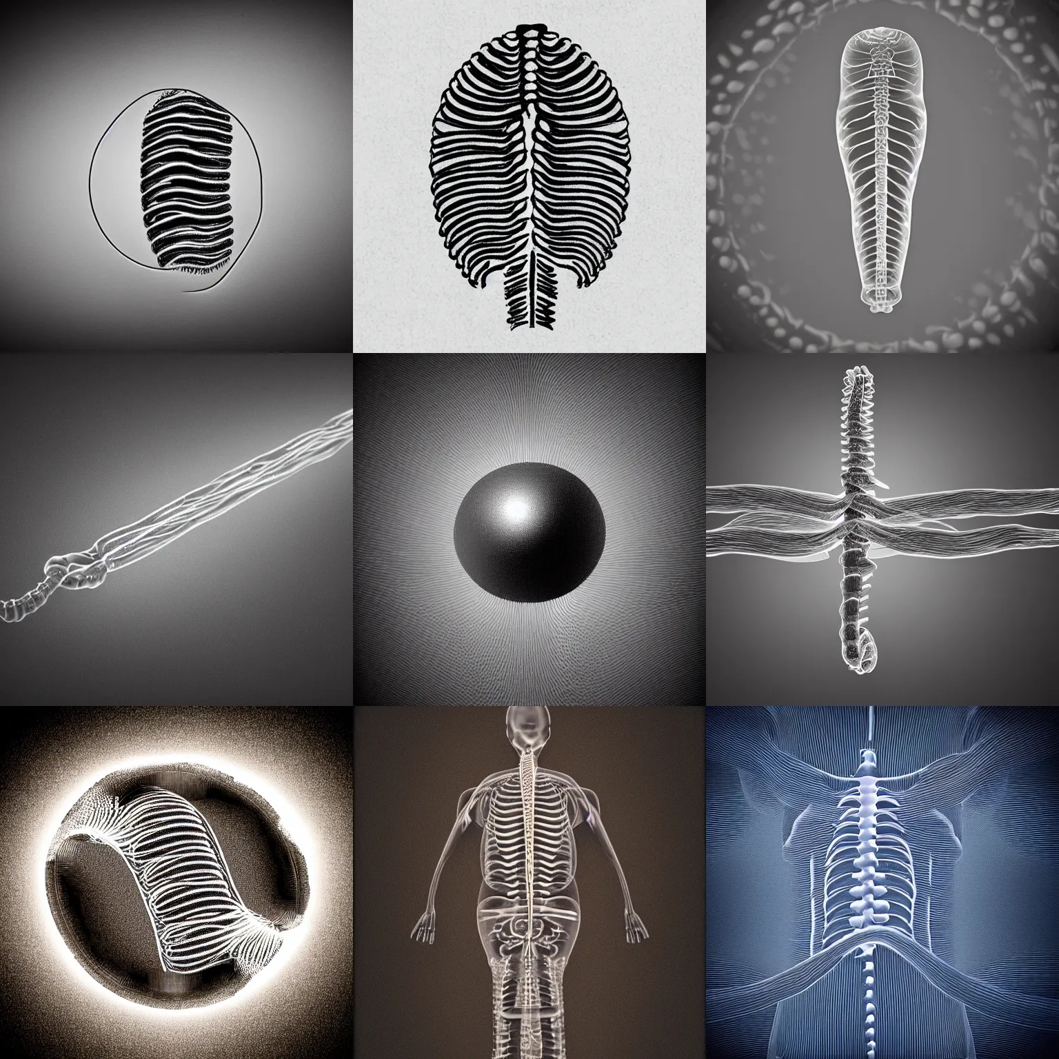 Prompt: a floating spinal cord, background light, dark background, engraving