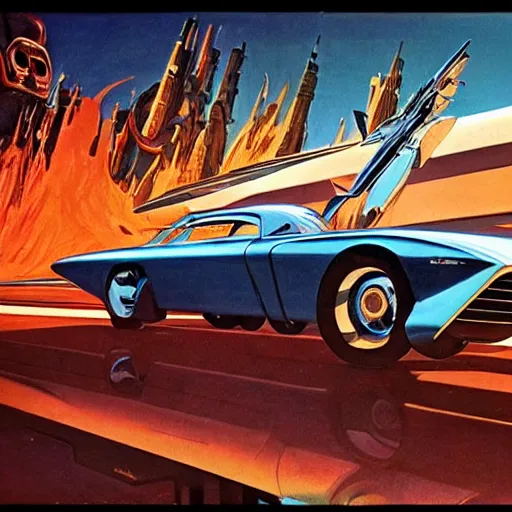 Prompt: an extremely complex and advanced car from the 1960s, extreme plus resolution fantasy concept art, intricate details to everything visible, sharp lighting, Dramatic light by Denis Villeneuve, strong emphasis on Syd Mead and Robert McCall