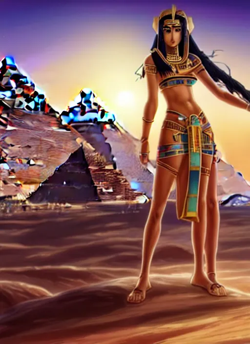 Prompt: beautiful egyptian girl surrounded by sand, tanned skin and long black hair, wearing ancient egypt clothes, pyramids of giza on background, attarctive face, anime key visual, highly detailed, sharp focus, concept art, league of legends, style by shumolly and monable and artgerm and greg rutkowski and zeronis and pilyeon and ruan jia