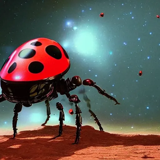 Image similar to film still, future ladybug ( ( descendants ) ), ladybug quadruped with big rgb eyes, huge ladybug mothership, epic cosmos, dramatic lighting, ( e. t. the extra - terrestrial ) imax, 7 0 mm.