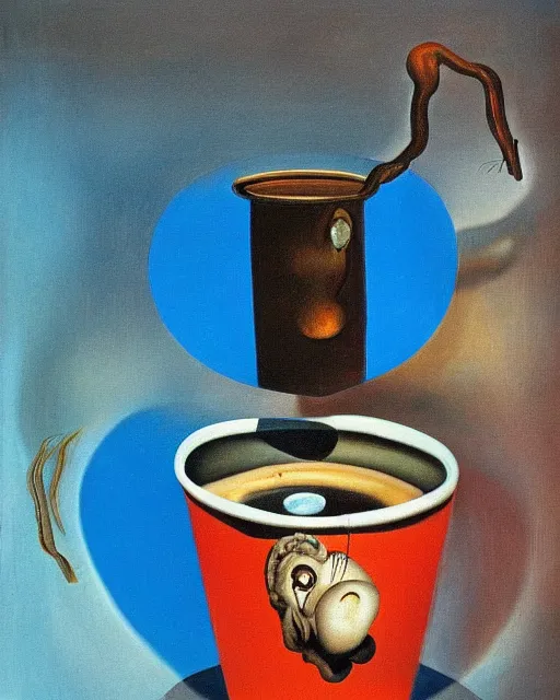 Prompt: salvador dali's 'brain in cup of coffee', still life, far shot, blue background, vibrant, brain