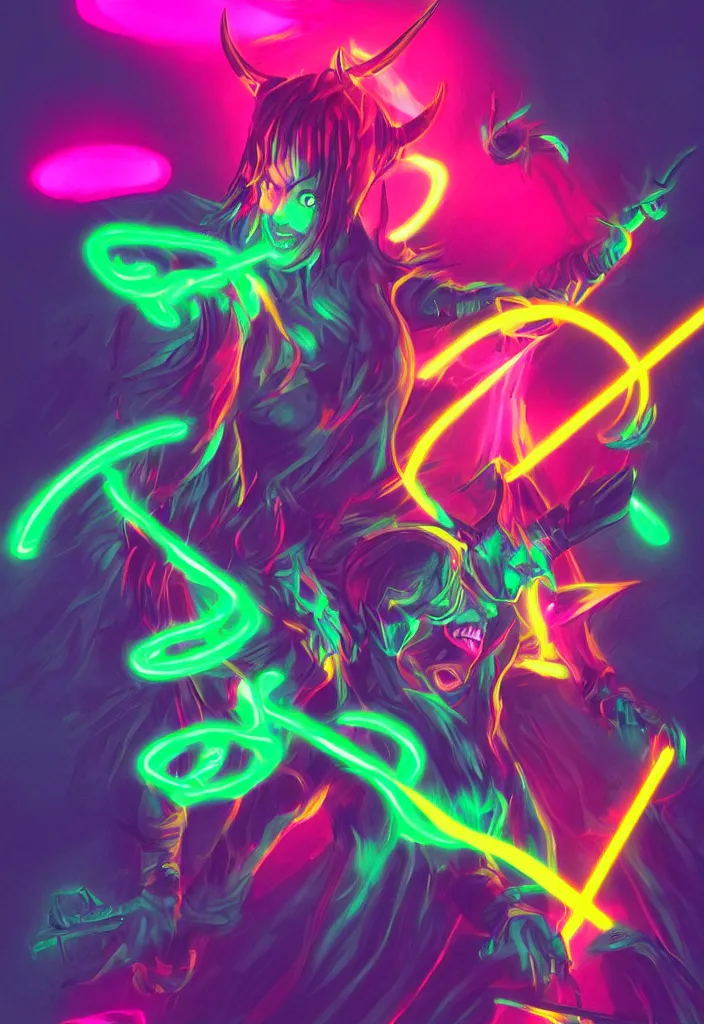 Image similar to , woman with neon sword fighting a horned demon, digital effects glowing ,digital art, illustration, closeup, stylized, cel shaded