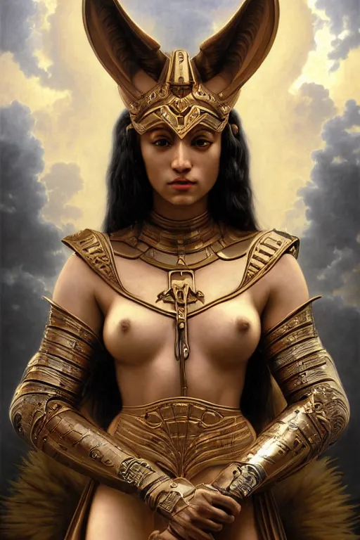 Prompt: Mystical Valkyrie, Portrait of a beautiful female Anubis warrior, Regal, Realistic, Refined, Detailed Digital Art, Oil Painting, William-Adolphe Bouguereau, Michael Cheval, Esao Andrews, Steampunk, Walt Disney (1937), Highly Detailed, Cinematic Lighting, Unreal Engine, 8k, HD