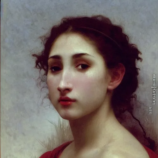 Prompt: A masterpiece head and shoulders portrait of with fangs crying tears of red blood by William Adolphe Bouguereau 1n 6