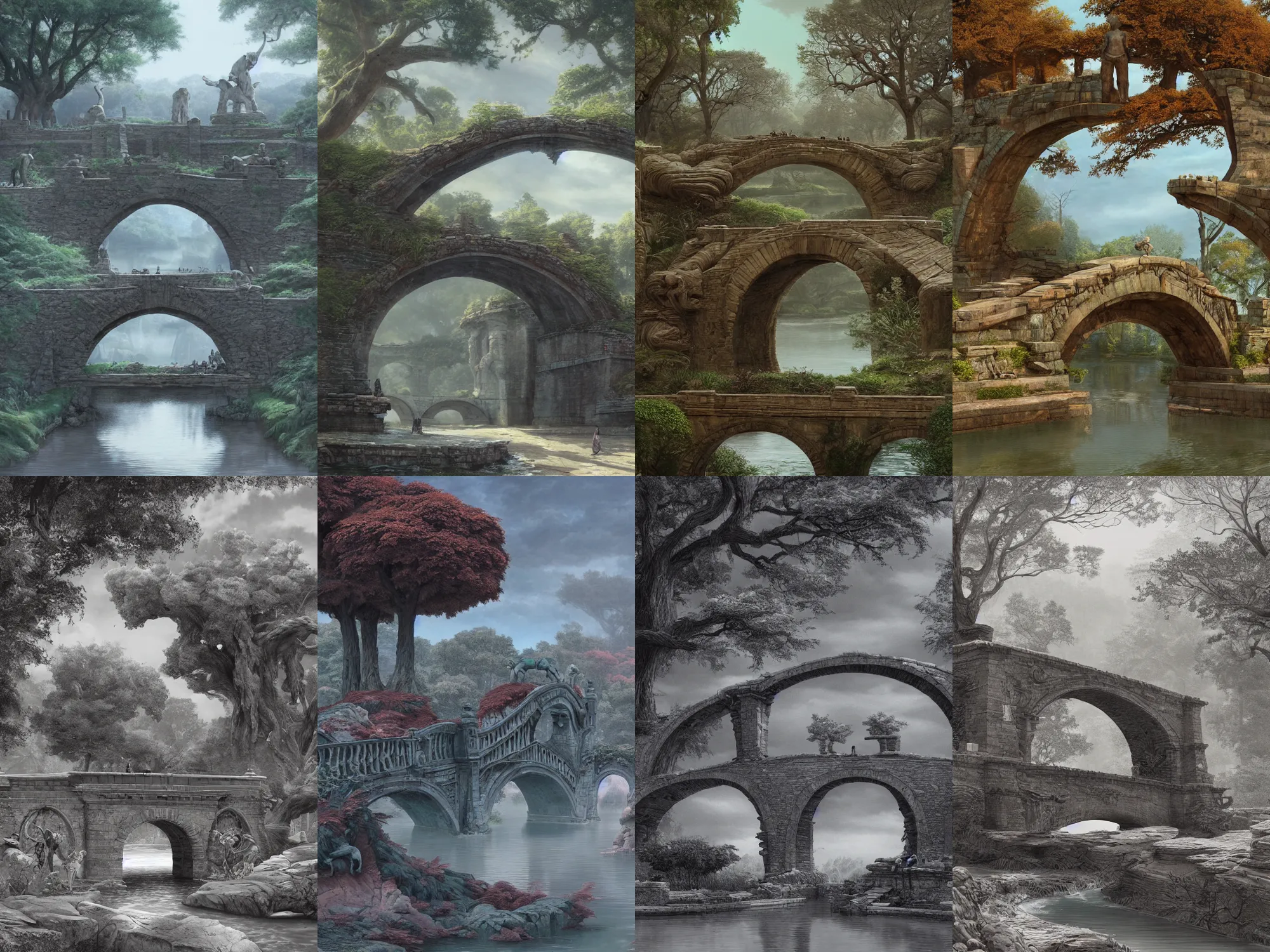 Prompt: an old stone bridge with sculptures, trees in the background, art by James Jean and Wayne Barlowe, high detail, cinematic, cgsociety 8k