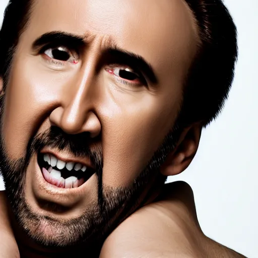 Image similar to professional portrait of nicolas cage neutral expression face straight on headshot even lighting