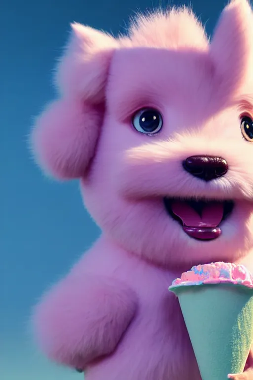 Image similar to high quality 3 d render hyperrealist very cute pastel fluffy! anthropomorphic westie eating giant ice cream full body, vray smooth, in the style of detective pikachu, hannah yata charlie immer, very dramatic pink light, low angle, uhd 8 k, shallow depth or field