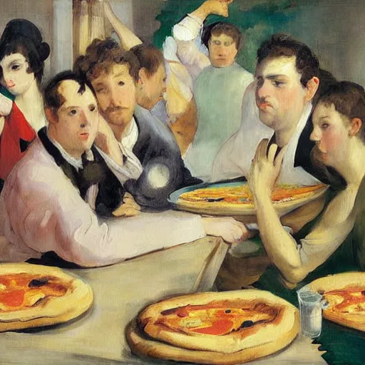 Image similar to “a painting of the style of Manet of a bunch of people on pizza”