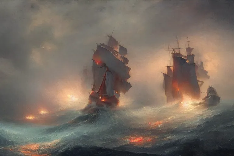 Image similar to A beautiful matte painting of huge alien spaceship attacking with powerful red lasers a Sailship in ocean in thunderstorm by Greg Rutkowski and Ivan aivazovsky