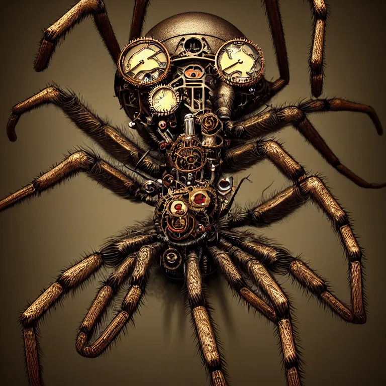 Image similar to steampunk spider, biomechanical, very coherent symmetrical artwork, cinematic, 3 d model, unreal engine realistic render, 8 k, micro detail, intricate, elegant, highly detailed, centered, digital painting, smooth, sharp focus, illustration, artgerm, tomasz alen kopera, by wlop