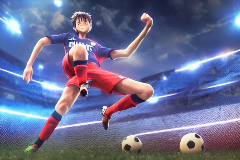 Image similar to anime soccer player scores goal with high kick, hyper realism, octane render