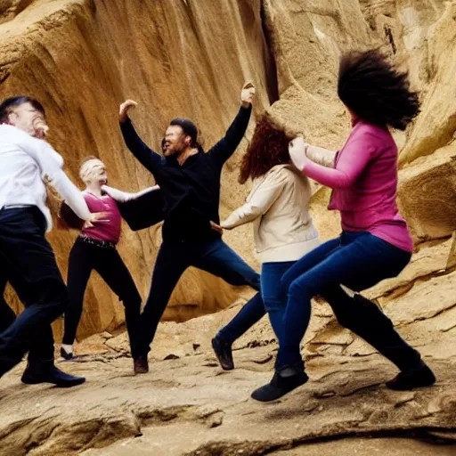 Image similar to group of people dancing and falling down a cliff