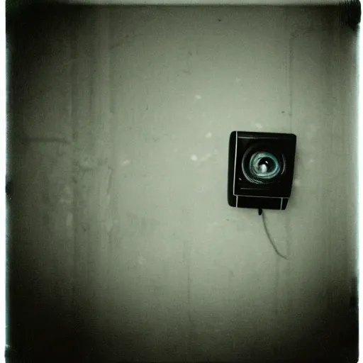 Image similar to small dark concrete room with a tv on the ground, the tv has a pair of eyes on a dark background, creepy, eerie, old polaroid, expired film,