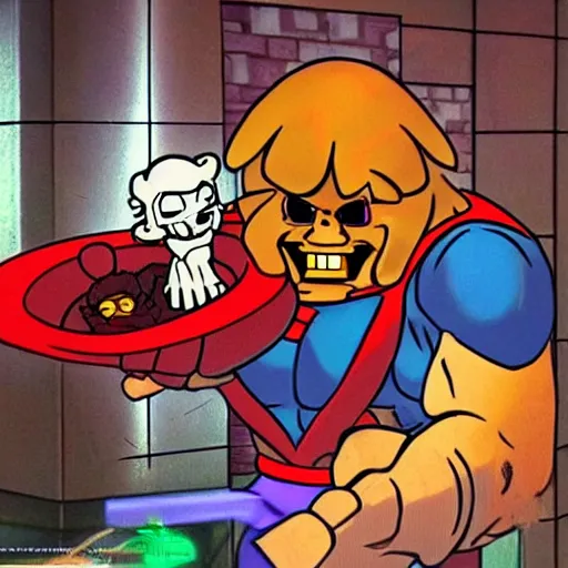 Image similar to he - man running from freddy fazbear in mcdonalds at 3 am