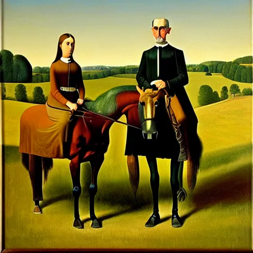 Image similar to an original painting of american gothic replaced with horses, a couple riding a horse, by grant wood