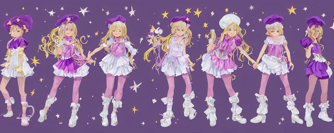 Image similar to A character sheet of full body cute magical girls with short blond hair wearing an oversized purple Beret, Purple overall shorts, Short Puffy pants made of silk, pointy jester shoes, a big billowy scarf, and white leggings. Rainbow accessories all over. Flowing fabric. Ruffles and Bows. Petticoat. Covered in stars. Short Hair. Art by Johannes Helgeson and william-adolphe bouguereau and Paul Delaroche and Alexandre Cabanel and Lawrence Alma-Tadema and WLOP and Artgerm and Shoichi Aoki. Fashion Photography. Decora Fashion. harajuku street fashion. Kawaii Design. Intricate, elegant, Highly Detailed. Smooth, Sharp Focus, Illustration Photo real. realistic. Hyper Realistic. Sunlit. Moonlight. Dreamlike. Fantasy Concept Art. Surrounded by clouds. 4K. UHD. Denoise.