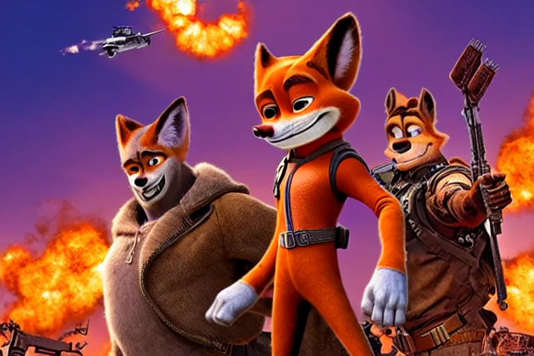 Prompt: nick wilde, heavily armed and armored facing down armageddon in a dark and gritty reboot from the makers of mad max : fury road : witness me