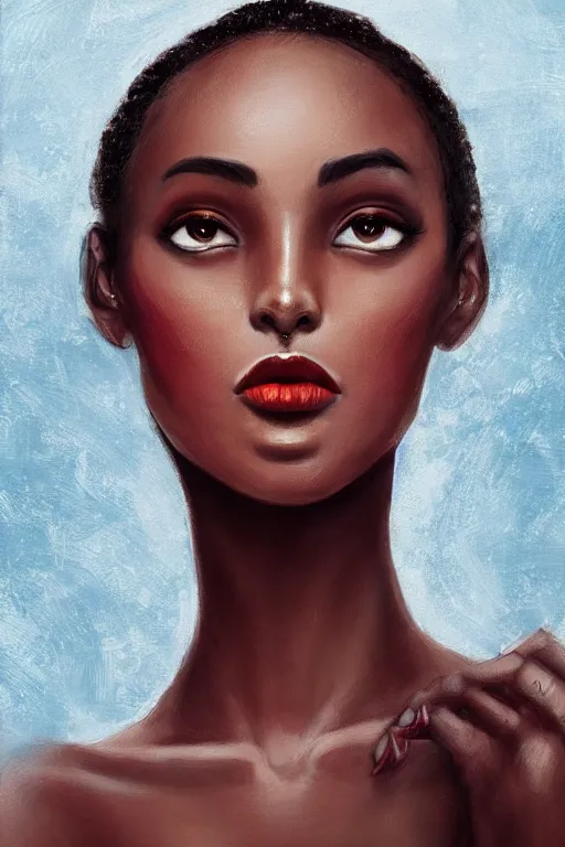 Image similar to A bust of a beautiful dark skinned Dominican Republic girl with large lips and smooth eyebrows and straight hair, HD, illustration, epic, fantasy, intricate, elegant, amazing detail, digital painting, artstation, concept art, smooth, sharp focus, illustration, art by Turine Tran