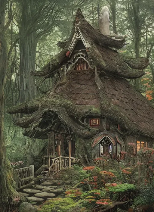 Image similar to hyper realistic witch cottage japanese shrine in the woods gorgeous lighting, highly detailed, lush forest painting by zdzisław beksinski and norman rockwell and greg rutkowskiweta studio, and lucasfilm