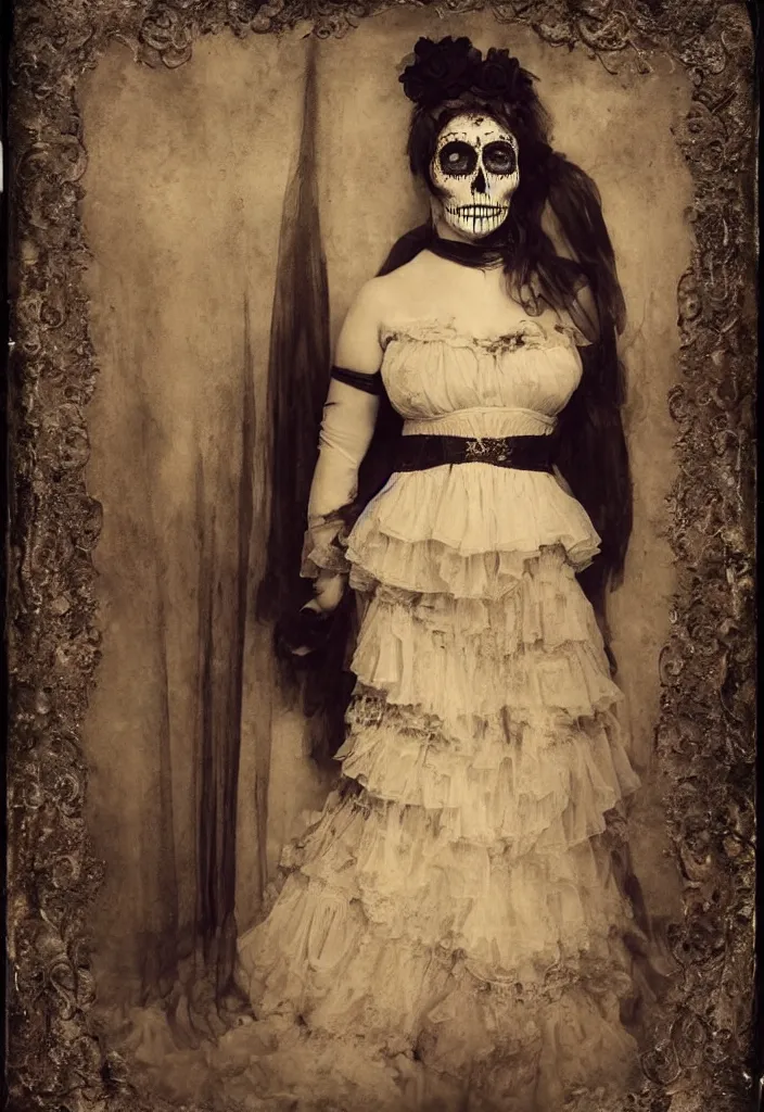 Image similar to tintype full body view, woman veiled dia de muertos dress and make up, corset garters and stockings, horrific beautiful vibe, evocative, atmospheric lighting, painted, intricate, highly detailed,