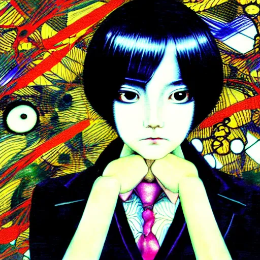 Prompt: yoshitaka amano blurred and dreamy realistic three quarter angle portrait of a young woman with short white hair and black eyes wearing office suit with tie, junji ito abstract patterns in the background, satoshi kon anime, noisy film grain effect, highly detailed, renaissance oil painting, weird portrait angle, blurred lost edges