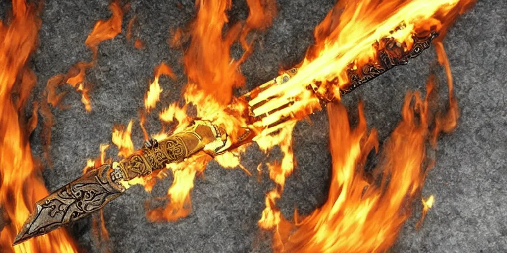 Image similar to a legendary longsword engulfed in spiral of flames, its handle is made out of dragon skin,