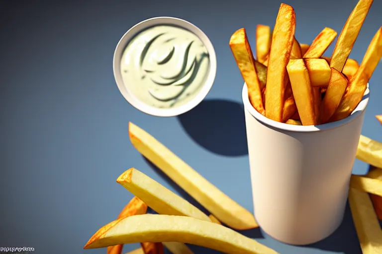 Image similar to best fries, best mayonnaise, best weather, best light, best drink. super realistic 8 k render