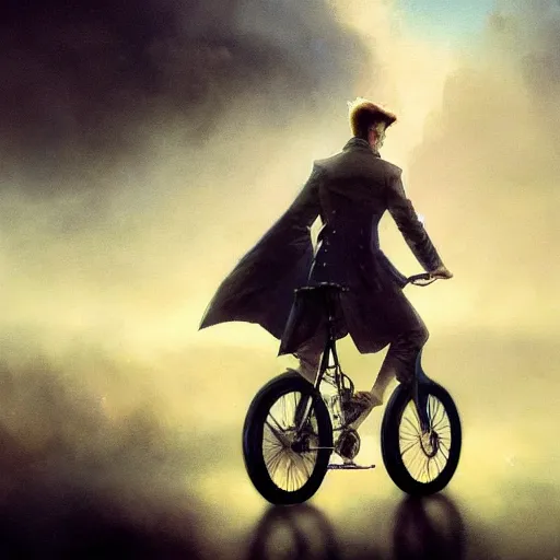 Image similar to cinematic shot epic portrait david bowie riding a bicycle in the streets, atmospheric, cloudy, broad light, ambient occlusion, volumetric light effect, made by ivan aivazovsky, peter mohrbacher, greg rutkowski, ross tran, matte painting, trending on artstation, 4 k, perfectly defined features, digital painting, cinematic, epic, highly detailed,