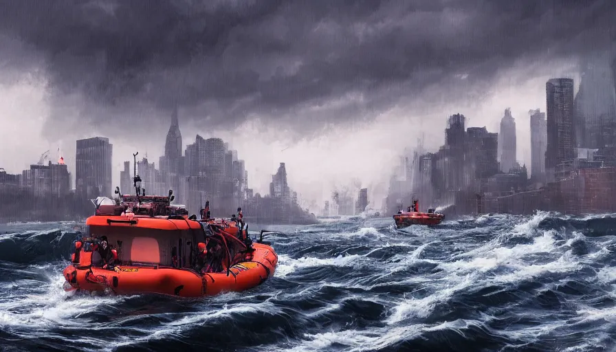 Image similar to rescue boat crossing new york city streets after a huge tsunami, cloudy sky, light, sirens, hyperdetailed, artstation, cgsociety, 8 k