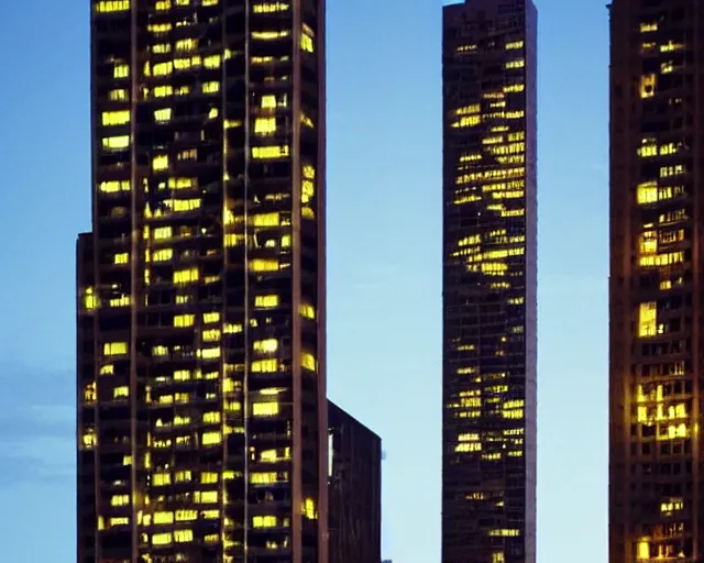 Prompt: a very tall building lit up at night, a photo by richard wilson, featured on flickr, brutalism, nightscape, flickering light, chiaroscuro