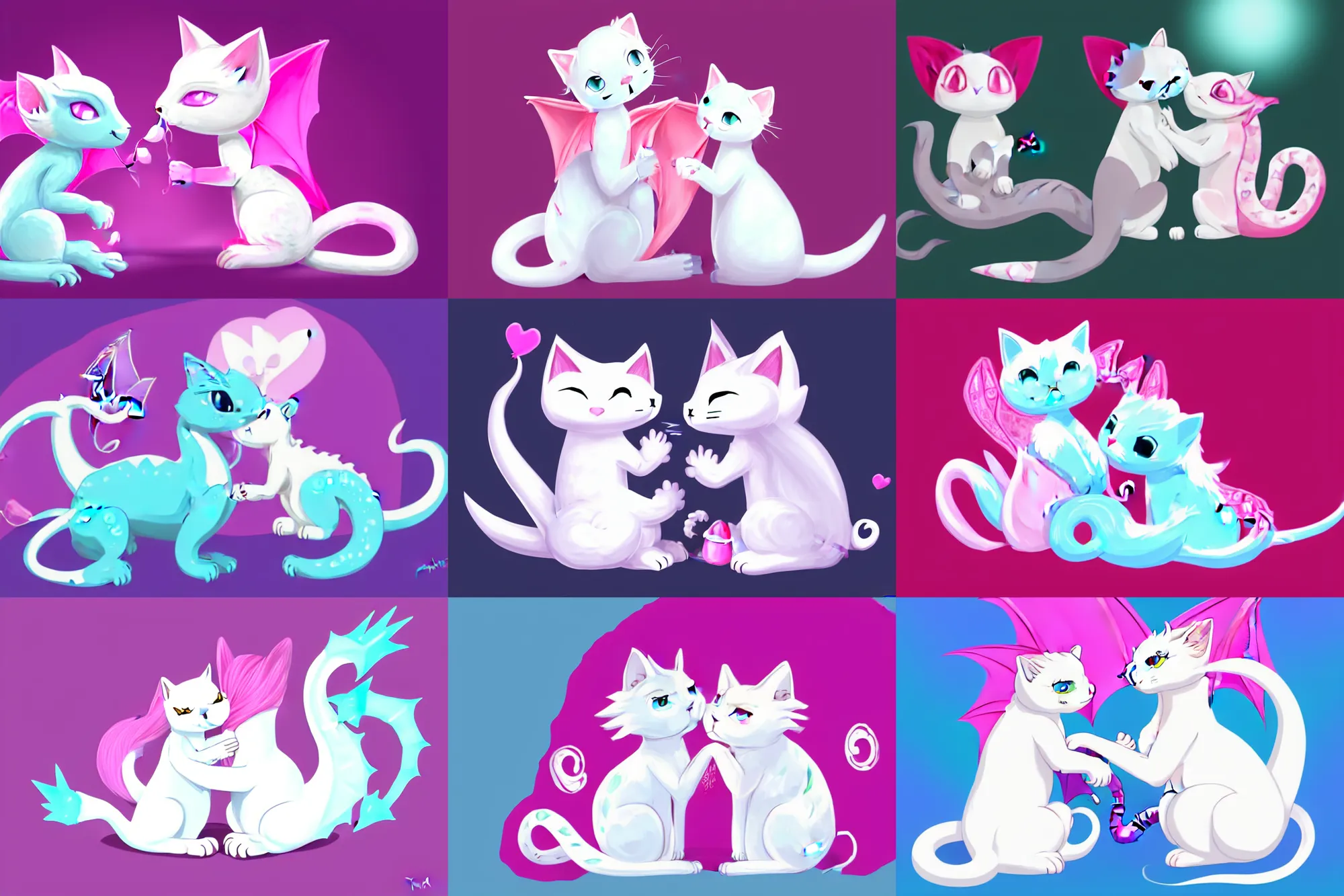 Prompt: A white cat kissing a pink dragon on the cheek, sitting on a couch, soft lighting, light blue background, digital art, trending on Furaffinity and Deviantart